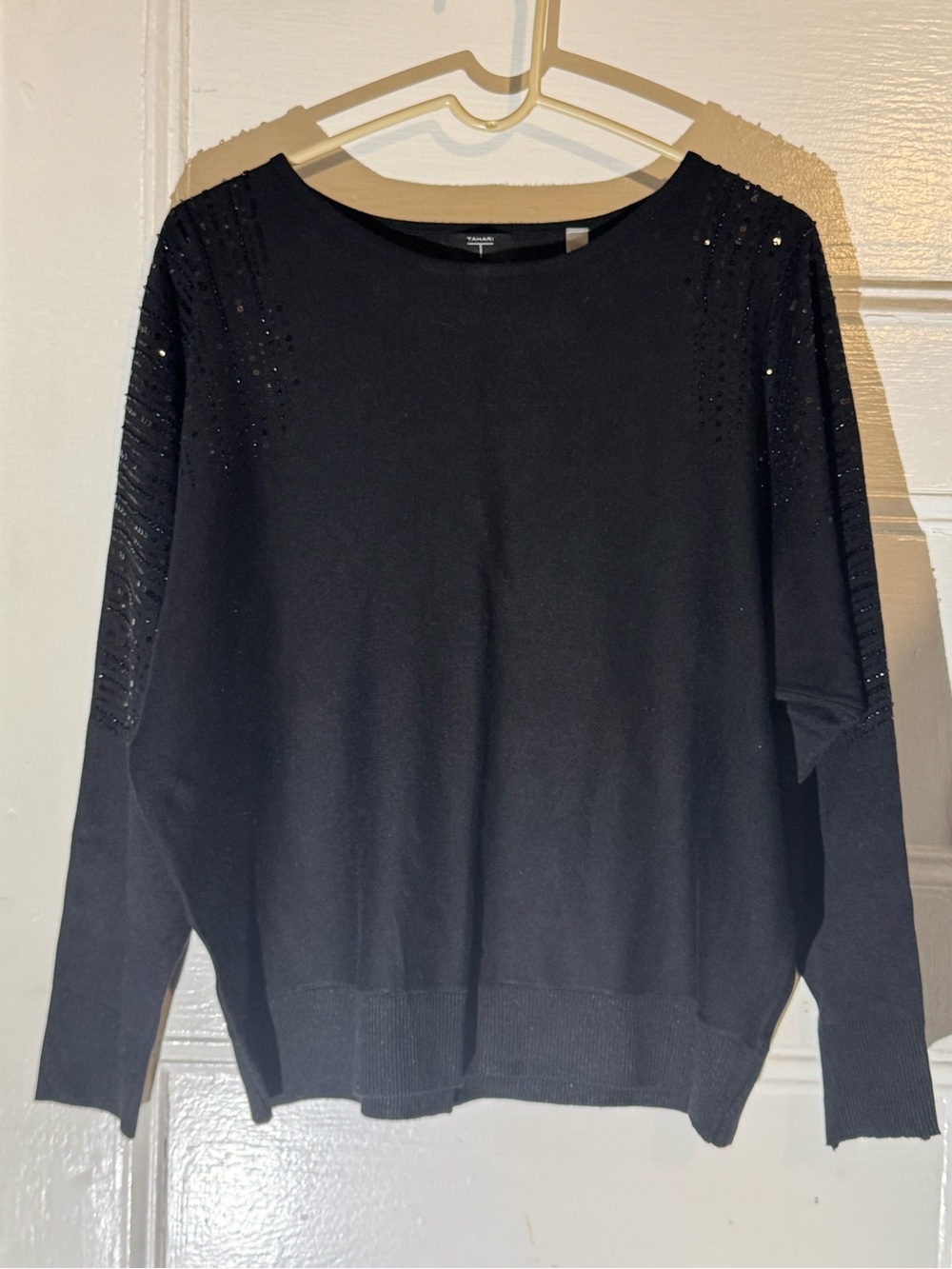 Tahari Black Crew Neck Sweater with Shoulder Embellishments